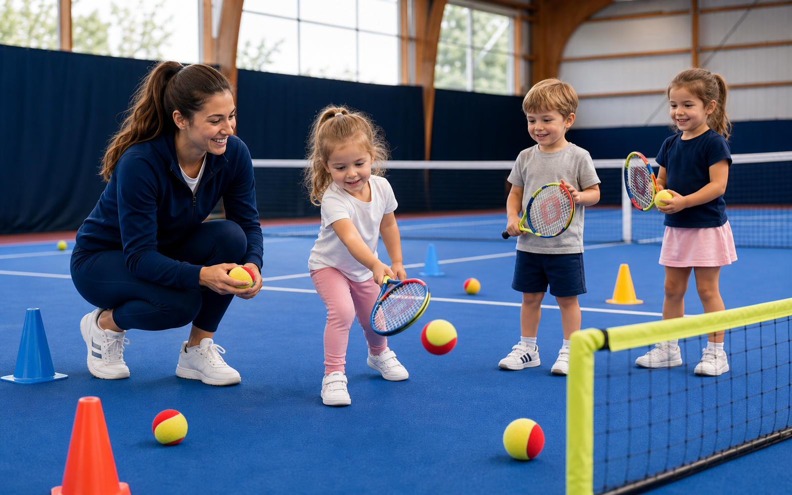 Séance de baby tennis avec jeunes enfants et enseignante