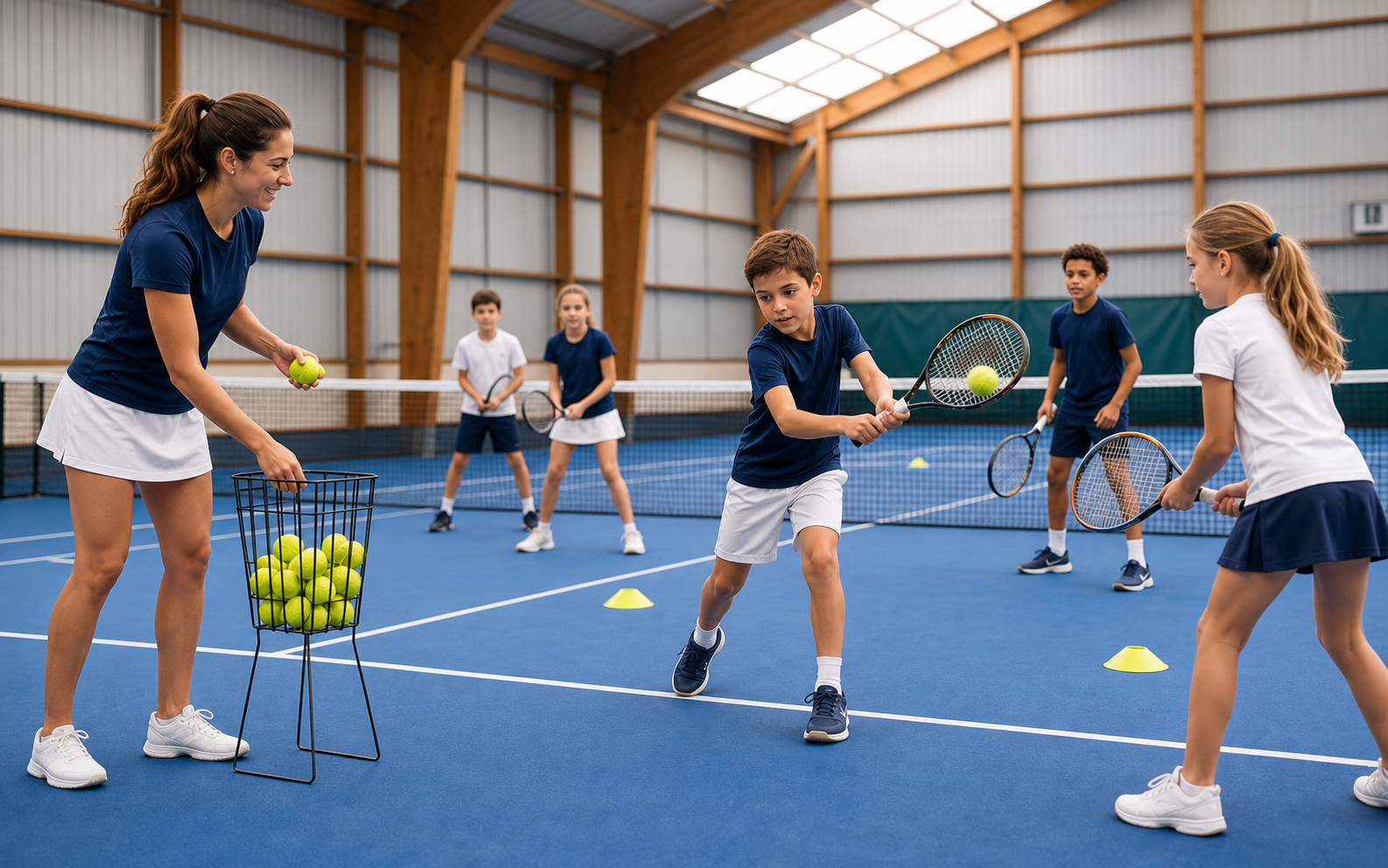 Enfants en cours à l'école de tennis