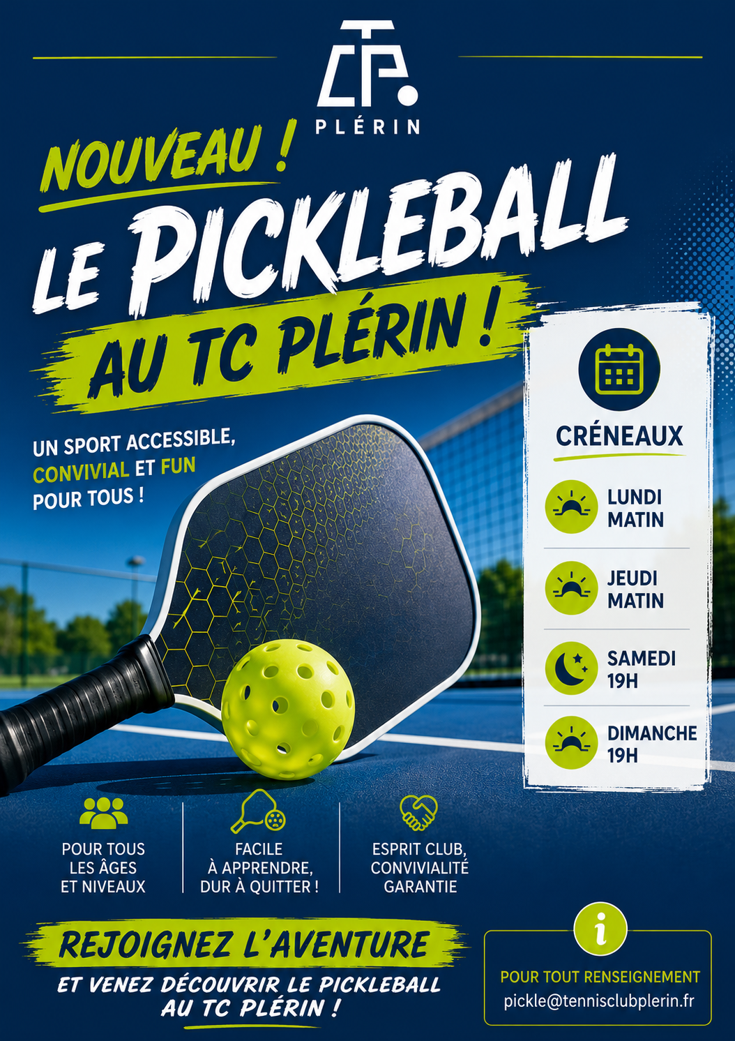 Affiche Pickleball au TC Plérin avec les créneaux du lundi, jeudi, samedi et dimanche
