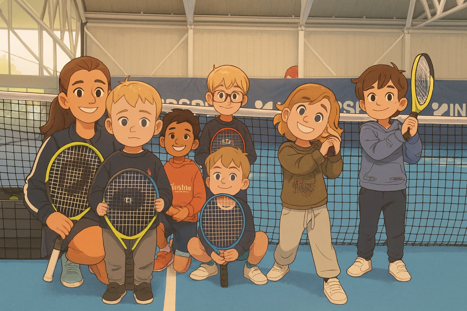 Enfants à l’école de tennis du TCP, exercices ludiques sur court